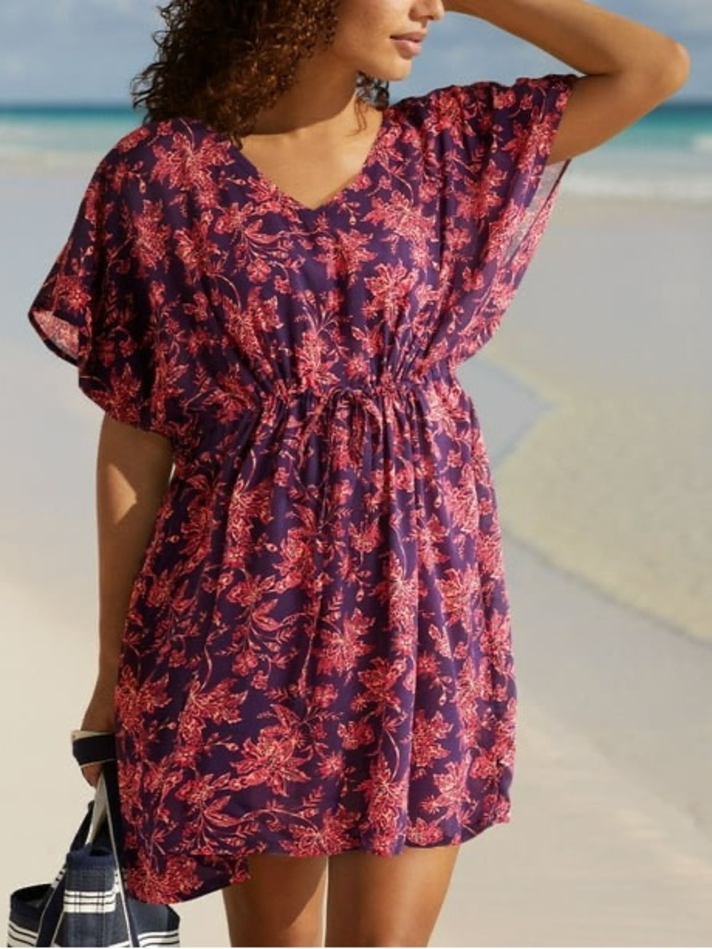 Land End Purple & Coral Floral V-Neck Beach Swim Cover-Up, Sz XL, NWT